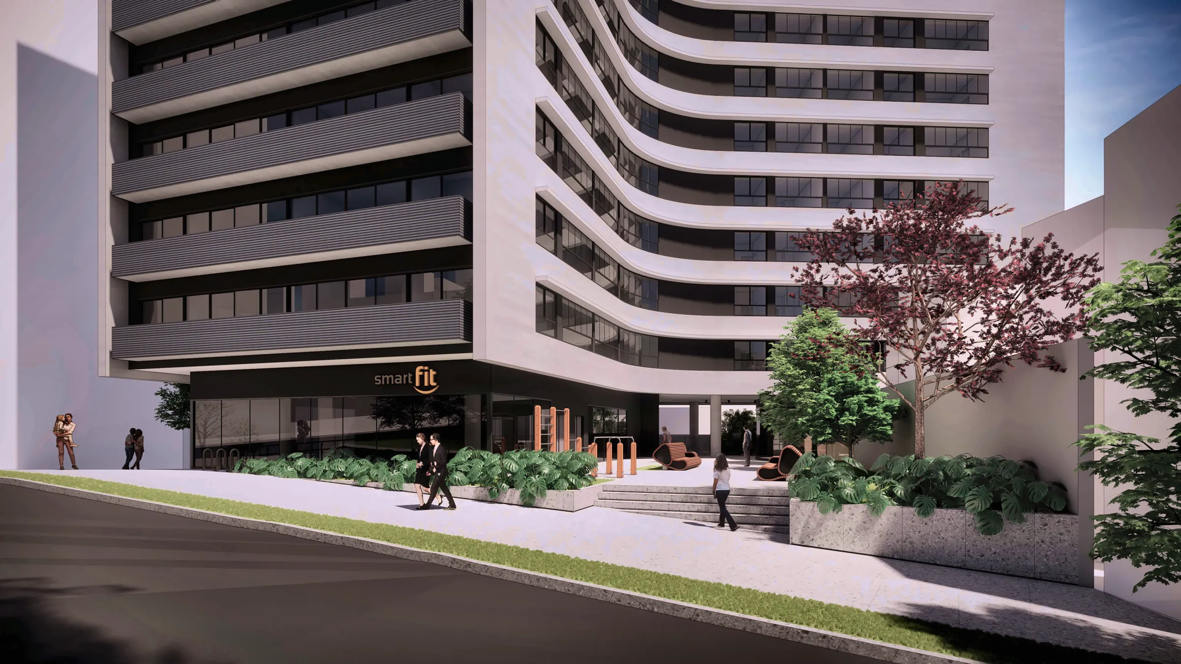 Fachada com varandas curvas e acesso pelo boulevard