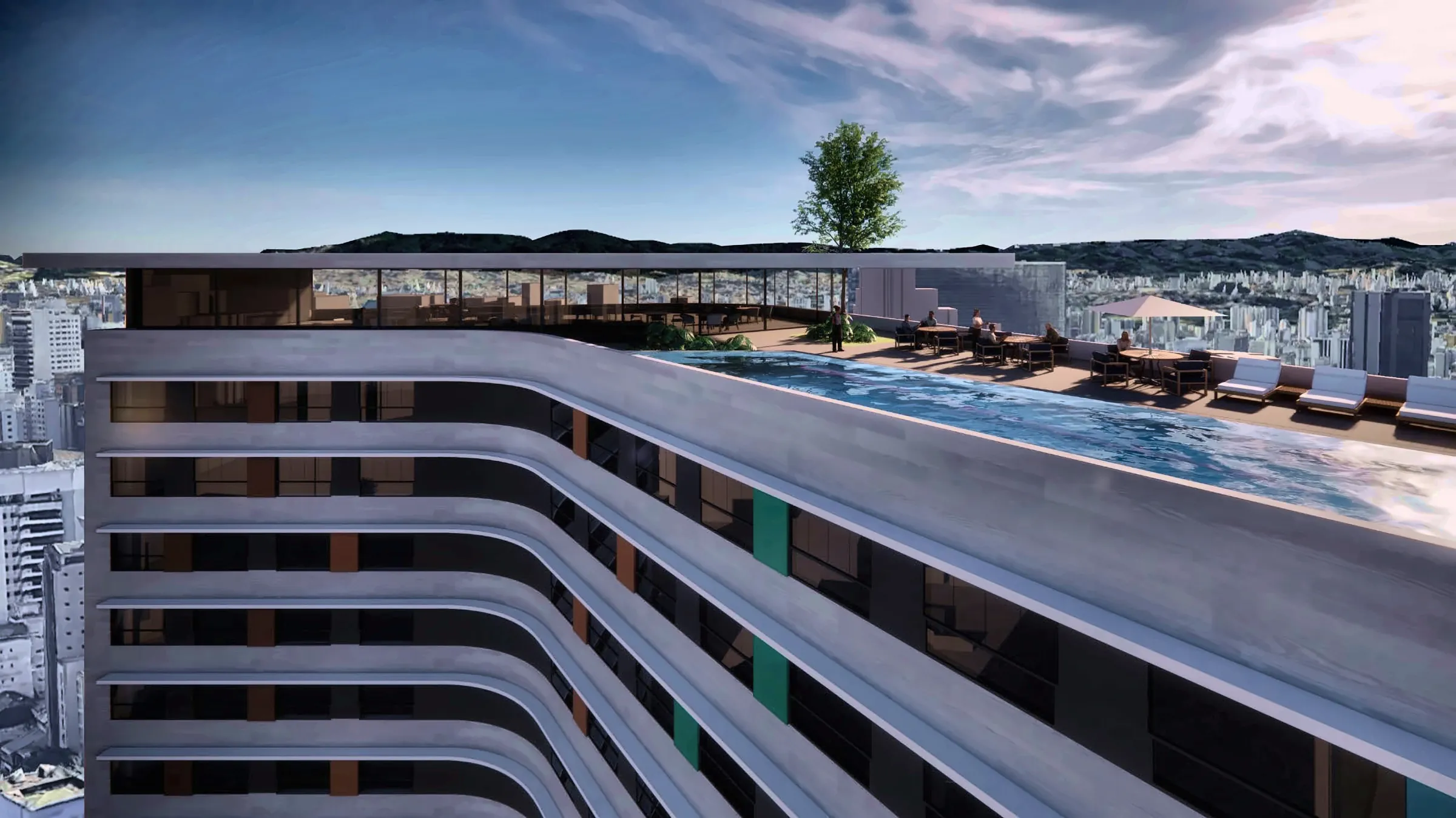 Piscina no rooftop do 27º andar com vista para São Paulo